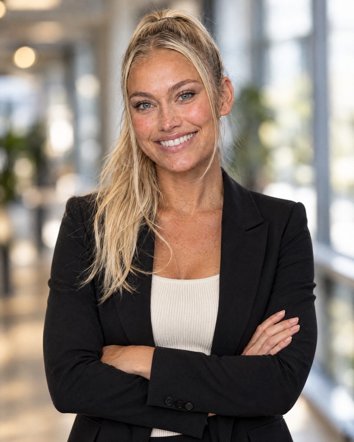 Nina Vellin in a black blazer, arms crossed, in a bright office corridor.