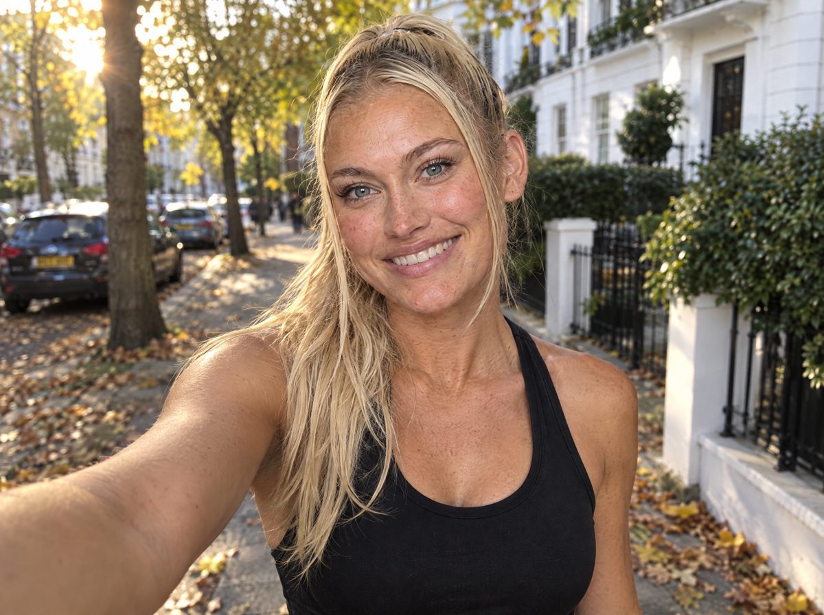A selfie of Nina Vellin on a leafy London street in autumn.