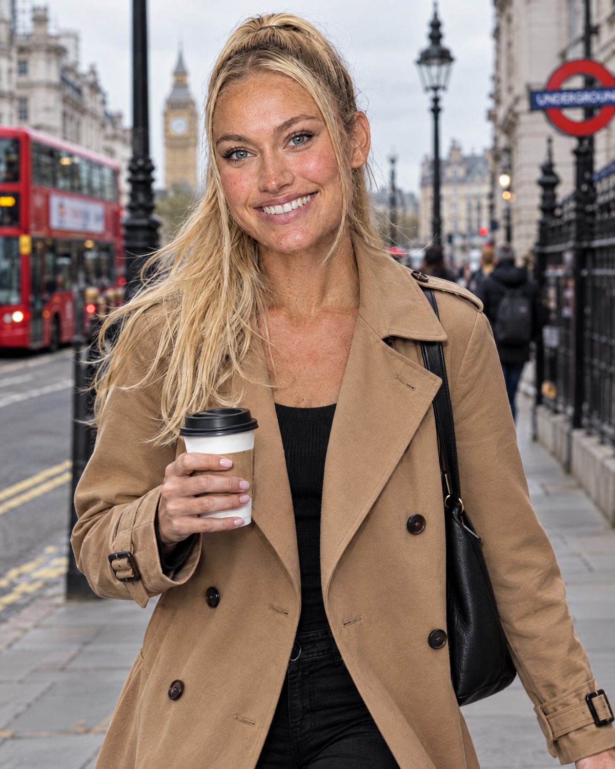 Nina Vellin walking along a London street with a takeaway coffee.