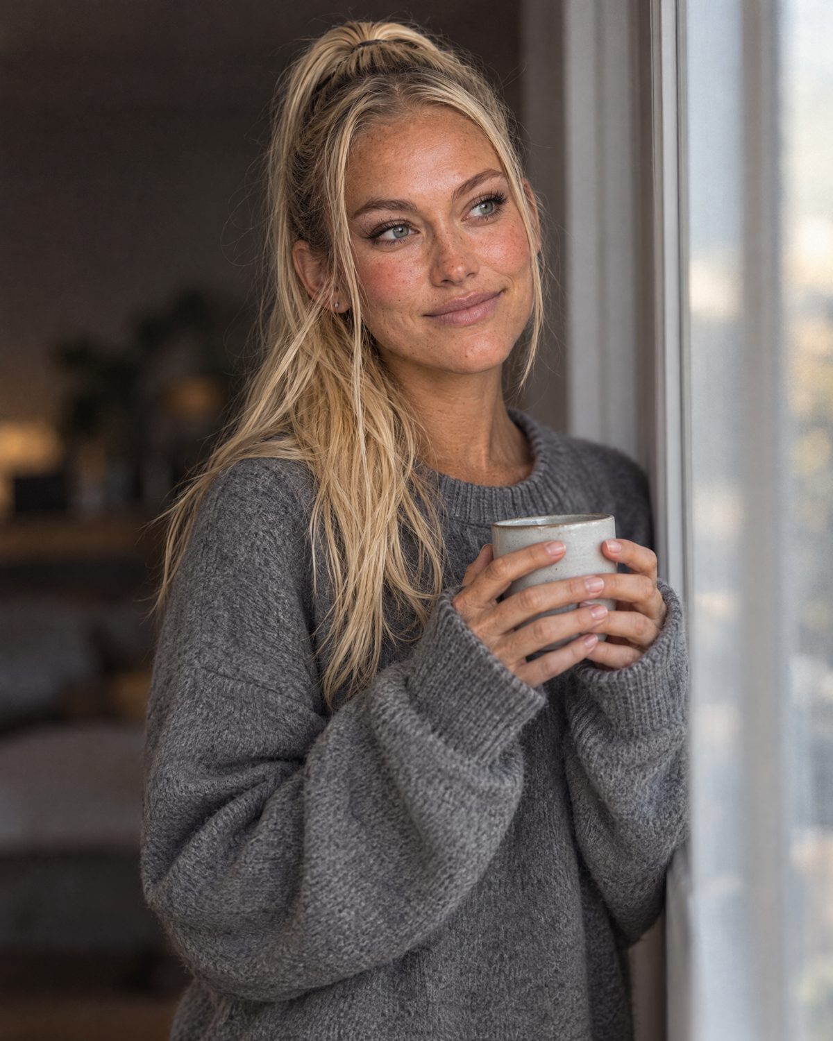 Nina Vellin holding a mug by a window in the morning light.