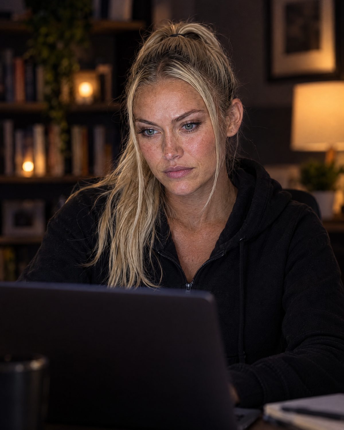 Nina Vellin focused on a laptop in a dim home office.