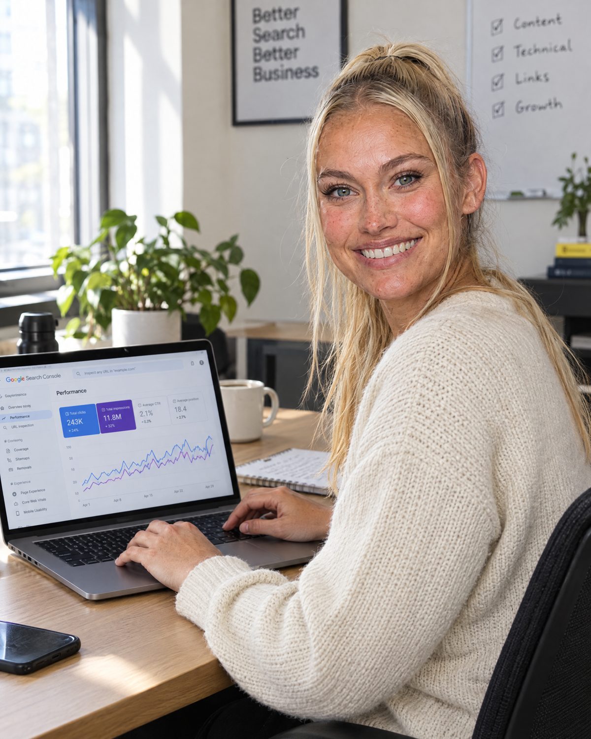 Nina Vellin at a desk with Google Search Console open on her laptop.